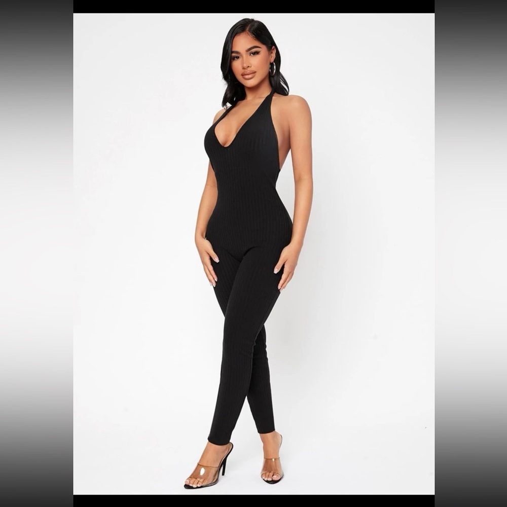 Solid halter unitard jumpsuit